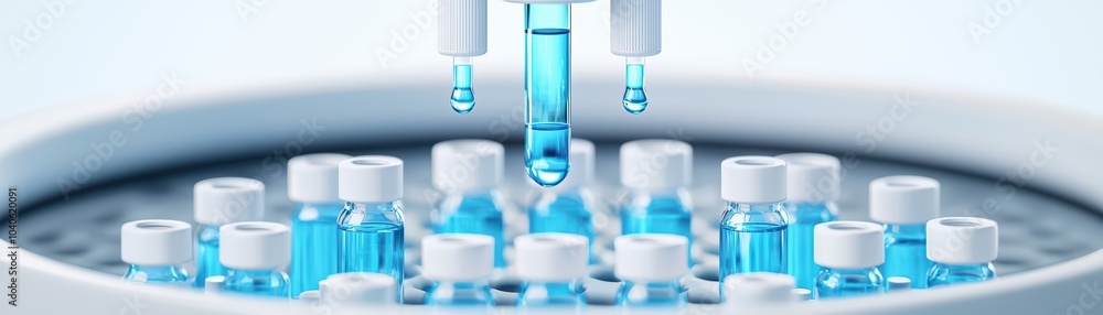 Dropping blue liquid into vials on a laboratory tray, white isolated background. Dropping blue liquid into vials on a laboratory tray, white isolated background.