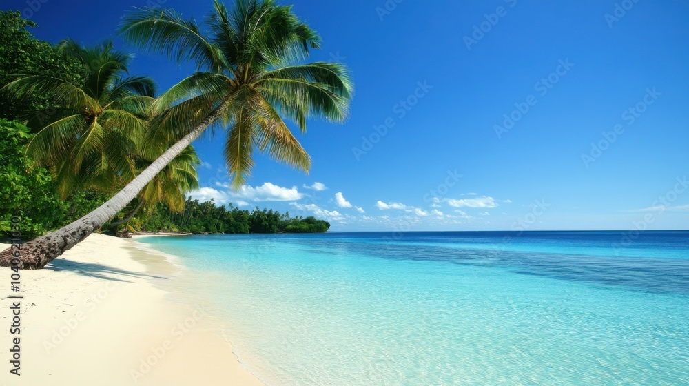 A serene beach with crystal-clear waters and palm trees swaying in the breeze, symbolizing relaxation and tropical paradise, Beach scene A serene beach with crystal-clear waters and palm trees swaying in the breeze, symbolizing relaxation and tropical paradise, Beach scene