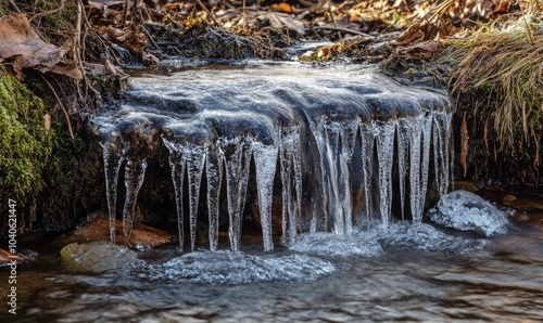 Icicles in a small waterfall in a forest creek