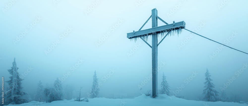 Foggy winter scene with a power pole surrounded by snow-covered trees.