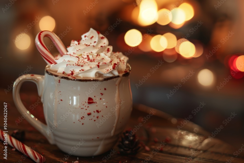 Mug of hot chocolate with whipped cream and a candy cane on top for Christmas