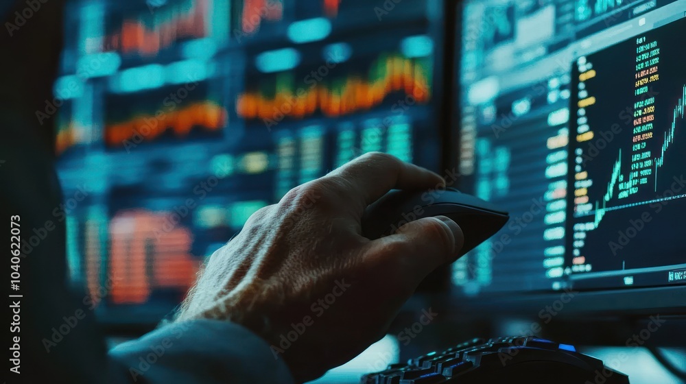 Hand Using a Computer Mouse to Analyze Stock Market Data Hand Using a Computer Mouse to Analyze Stock Market Data