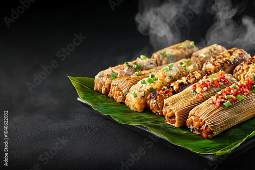 authentic tamales colorados on banana leaf, steam rising photo