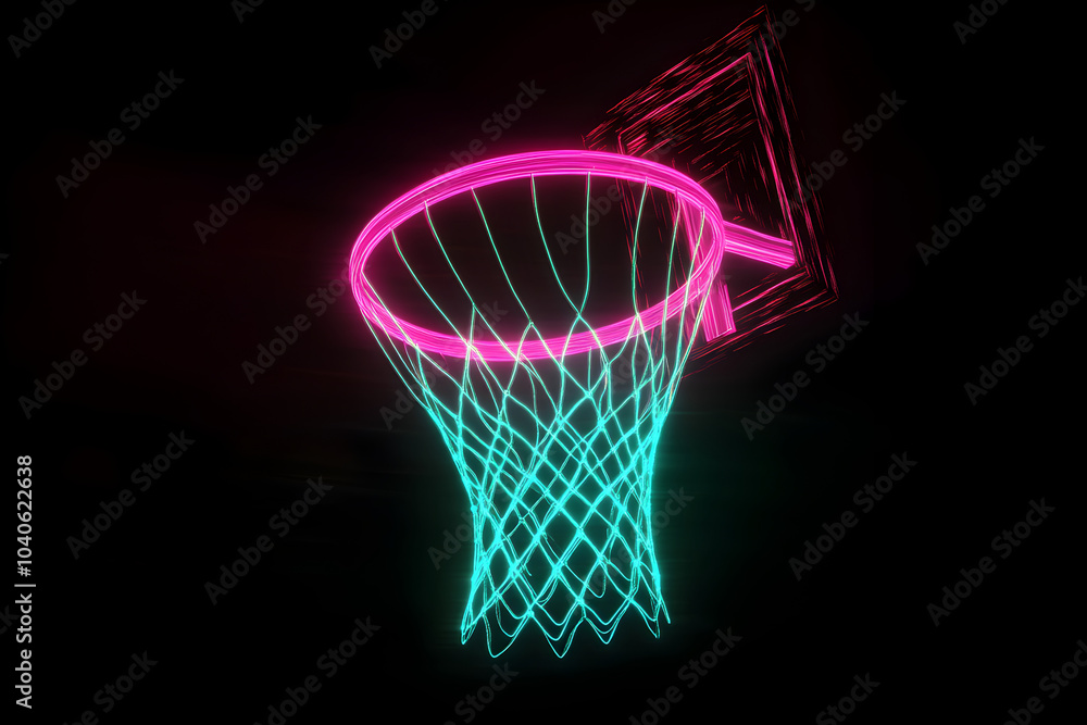 Neon outline of a basketball hoop isolated on black background Neon outline of a basketball hoop isolated on black background