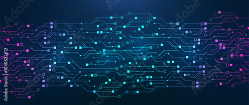 Artificial Intelligence with circuit electric line style. Digital futuristic machine learning design. AI graphic design for website, banner, header, social media, mobile app, UI. Vector illustration