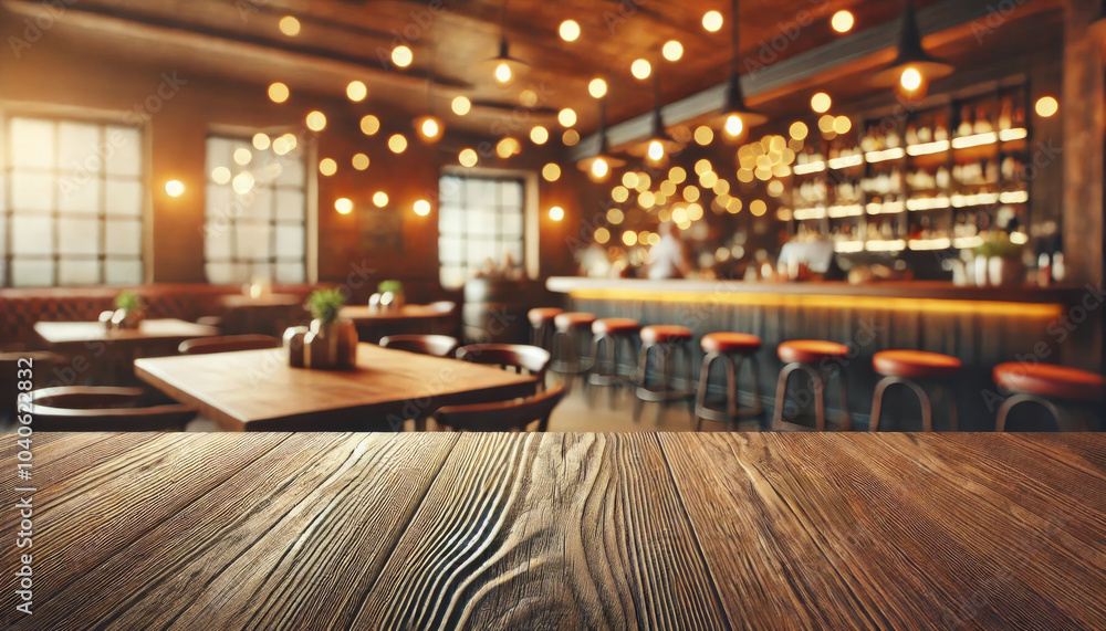 Rustic wooden table with blurred cozy restaurant background Rustic wooden table with blurred cozy restaurant background