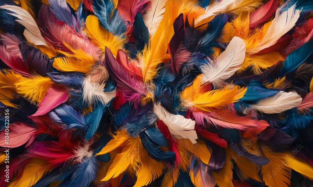 Explosion of vibrant multi-colored feathers creating a textured background, symbolizing diversity and creativity Explosion of vibrant multi-colored feathers creating a textured background, symbolizing diversity and creativity
