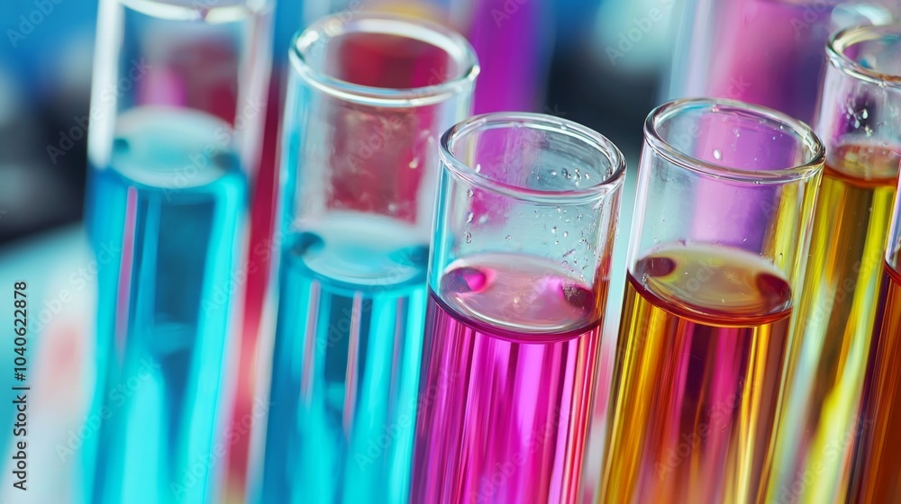 Close-up of colorful test tubes filled with various liquids, highlighting experimental processes Close-up of colorful test tubes filled with various liquids, highlighting experimental processes