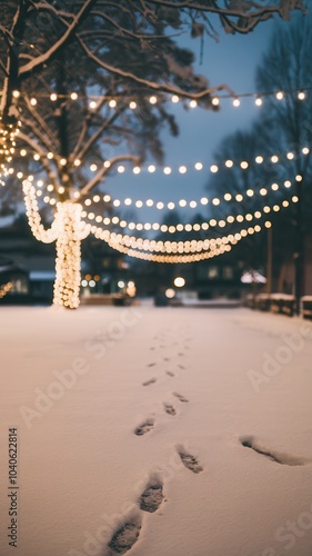 Snowy night scene with footprints and string lights, creating a festive atmosphere