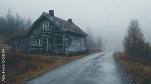 Misty rural village on a foggy autumn day, surrounded by colorful fall trees and quiet streets, ideal for peaceful seasonal visuals.