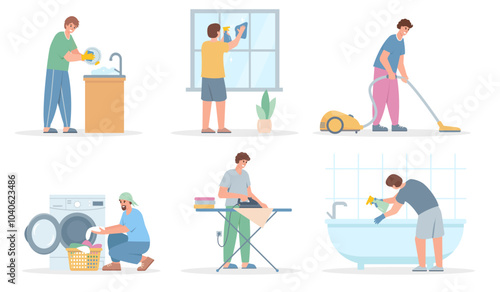 Set male characters doing housework. Man Washing Dishes, clothes, bath and window, Vacuuming and ironing. People and daily routine. Vector illustrations on white background.