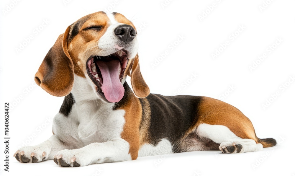 A joyful and amusing Beagle dog is enjoying itself in a solitary setting without any distractions, on a white background A joyful and amusing Beagle dog is enjoying itself in a solitary setting without any distractions, on a white background