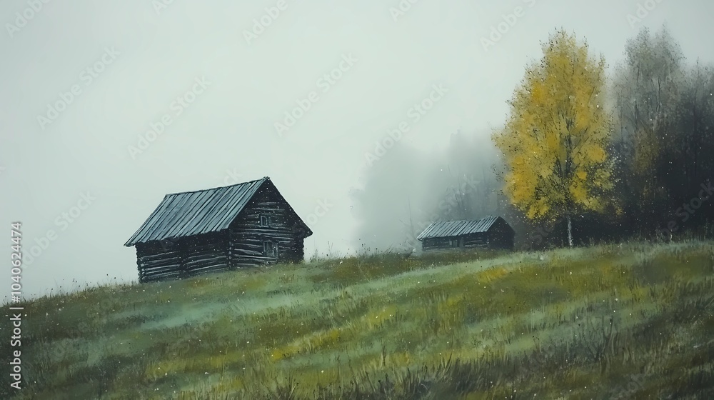 Autumn village in the mist, with golden fall foliage and fog-shrouded houses, perfect for calm and reflective countryside scenes. Autumn village in the mist, with golden fall foliage and fog-shrouded houses, perfect for calm and reflective countryside scenes.