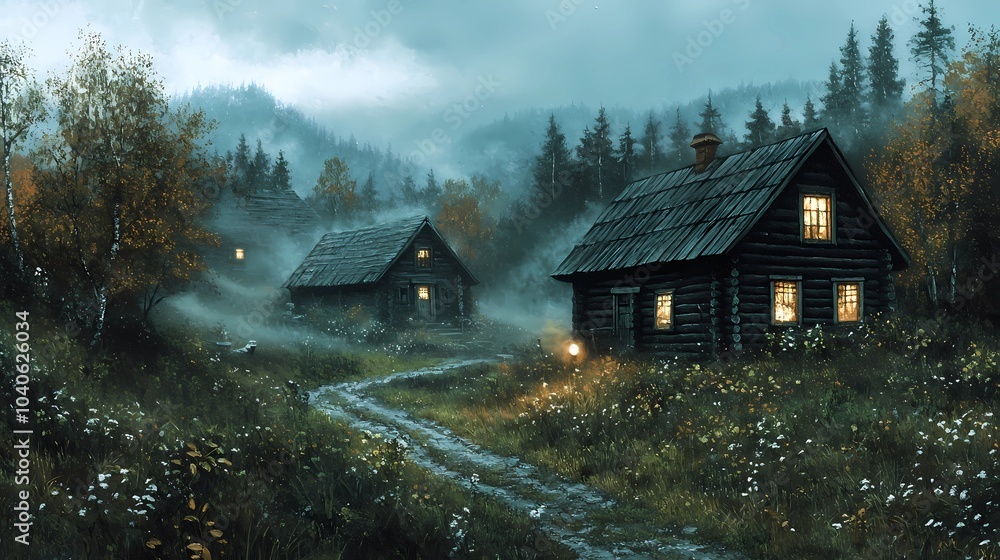 Fog-covered autumn village with red and orange trees, creating a peaceful and mysterious seasonal atmosphere for nature and landscape photography. Fog-covered autumn village with red and orange trees, creating a peaceful and mysterious seasonal atmosphere for nature and landscape photography.