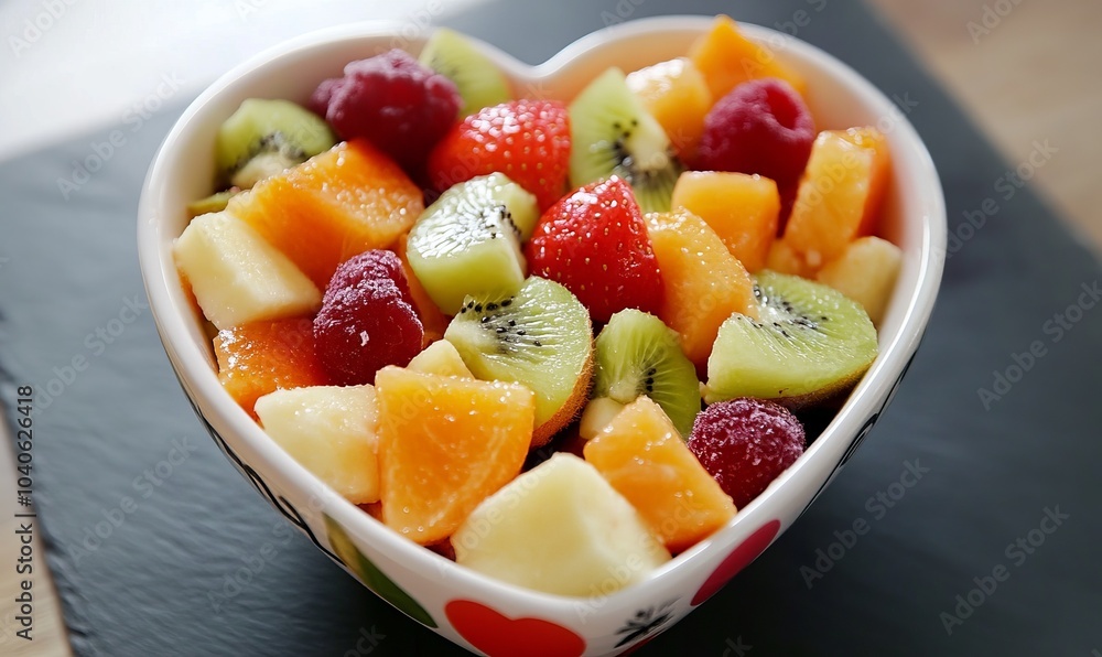 Fruit salad in heart shaped bowl - healthy eating Fruit salad in heart shaped bowl - healthy eating