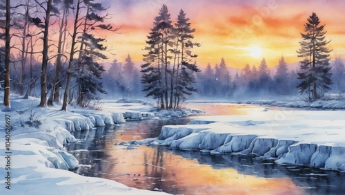 Sunrise over a tranquil river surrounded by snow-covered trees in a serene winter landscape