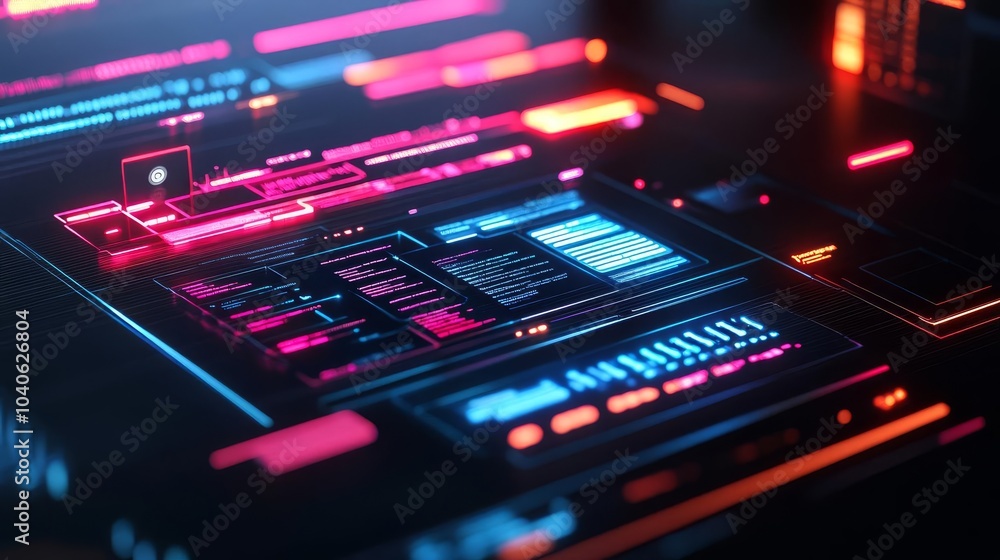 Obraz premium AI-driven debugging tools, glowing holographic panels, advanced developer setup