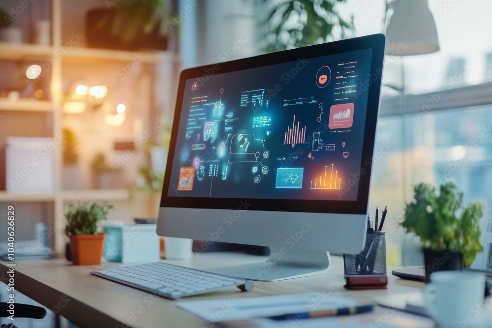 custom made wallpaper toronto digitalA modern workspace featuring a computer displaying data analytics and visualization tools in a well-lit office environment
