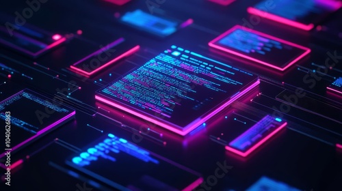 Obraz na płótnie AI-enhanced code optimization, floating algorithm panels, neon accents, sleek design