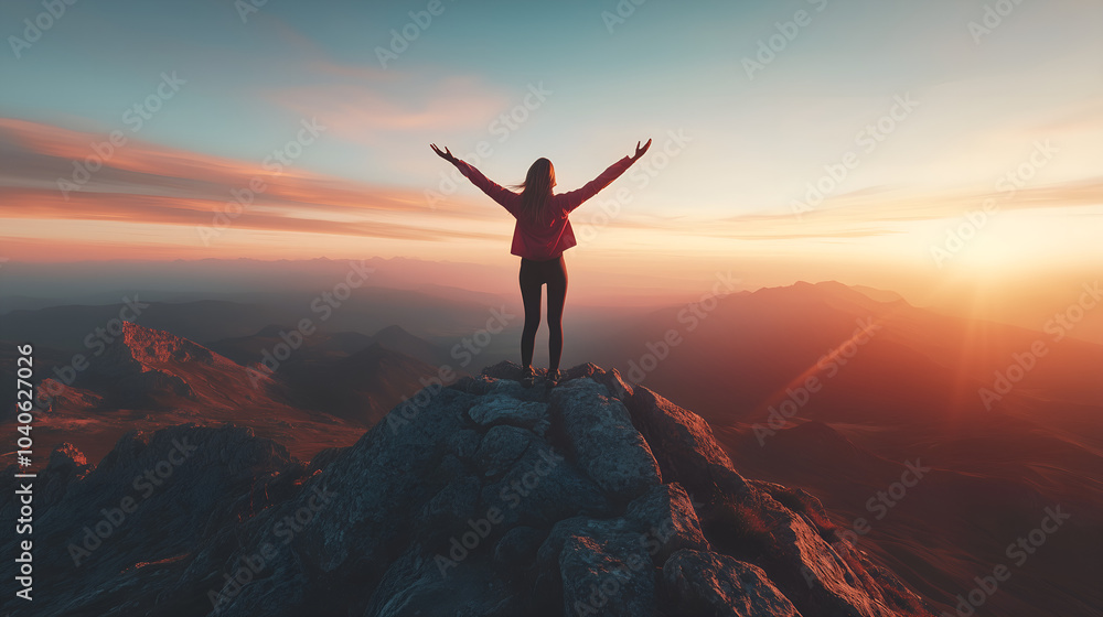 A woman raises her arms in triumph as she stands at the peak of a mountain at sunset, embracing the beauty of nature and achievement. Perfect for adventure, freedom, and personal growth themes A woman raises her arms in triumph as she stands at the peak of a mountain at sunset, embracing the beauty of nature and achievement. Perfect for adventure, freedom, and personal growth themes