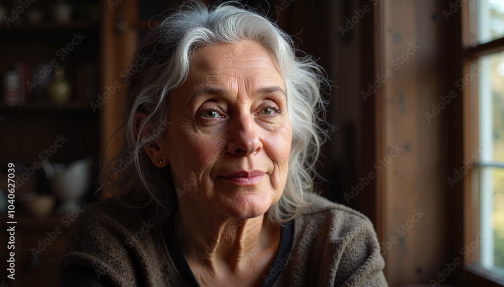 Mature woman with silvery hair gazing thoughtfully by window in warm indoor setting Mature woman with silvery hair gazing thoughtfully by window in warm indoor setting