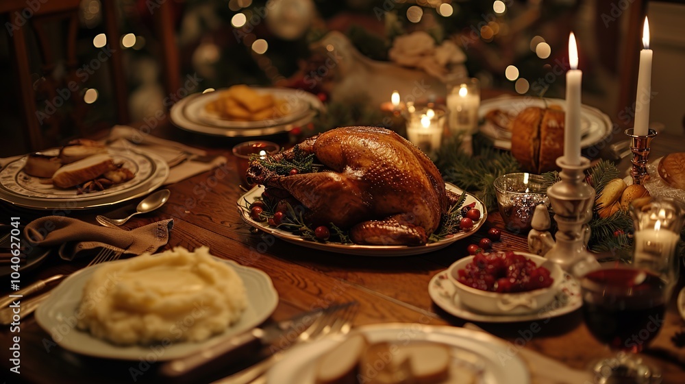 A festive dining table set for Christmas dinner with a roasted turkey, mashed potatoes, cranberry sauce, and elegant place settings A festive dining table set for Christmas dinner with a roasted turkey, mashed potatoes, cranberry sauce, and elegant place settings