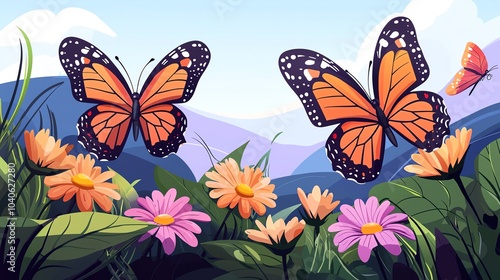 Colorful butterflies flutter over vibrant flowers in a serene mountain landscape, showcasing nature's beauty and diversity.