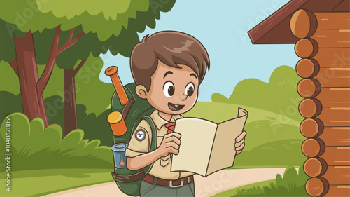 Boy scout with hiking backpack and equipment looking at paper map while standing in forest near wooden hut. Cartoon vector summer landscape with tourist outside near wood house among green trees.