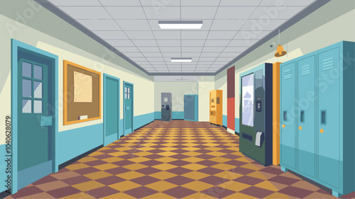 Empty school hallway with doors to classrooms, lockers and vending machine, noticeboard with bulletin and bell. Cartoon vector illustration of corridor interior of elementary or high school building.