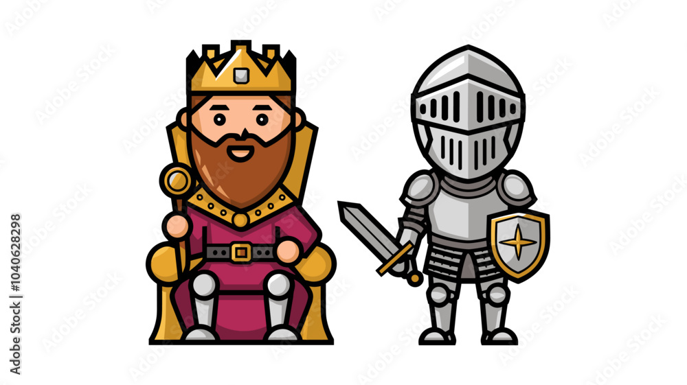 Medieval king and knight characters isolated on white background. Vector cartoon illustration of bearded kingdom ruler with golden crown and sceptre, brave warrior in body armor with sword and shield Medieval king and knight characters isolated on white background. Vector cartoon illustration of bearded kingdom ruler with golden crown and sceptre, brave warrior in body armor with sword and shield