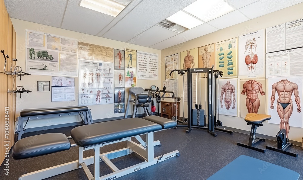 A physical therapy clinic with anatomical charts and exercise equipment A physical therapy clinic with anatomical charts and exercise equipment