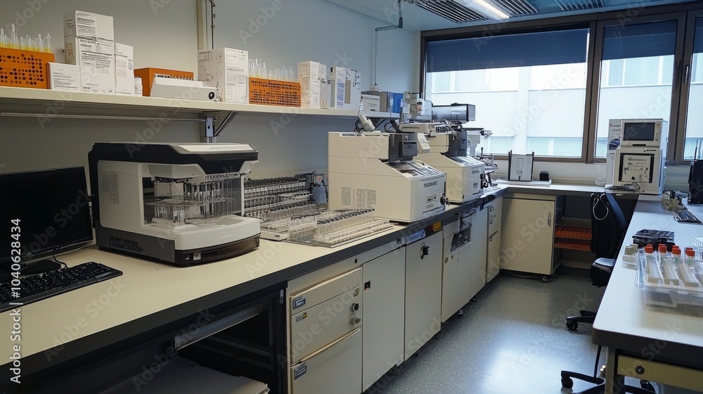 Laboratory workspace filled with advanced equipment, including centrifuges and spectrophotometers Laboratory workspace filled with advanced equipment, including centrifuges and spectrophotometers