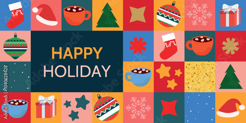 Wallpaper Mural Merry Christmas and New Year 2025. Vector modern mosaic illustration with many elements. Tree balls , hot chocolate, star, swowflake , giftbox Torontodigital.ca
