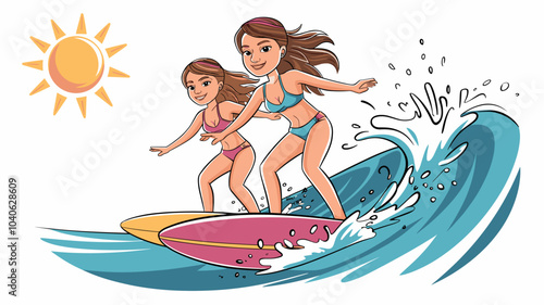 Young women surfing on beach isolated on white background. Vector cartoon illustration of attractive girls in bikini riding surf boards, sea water splashes, sun shining in sky, summer sports activity