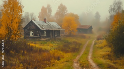 Fog-covered autumn village with red and orange trees, creating a peaceful and mysterious seasonal atmosphere for nature and landscape photography.