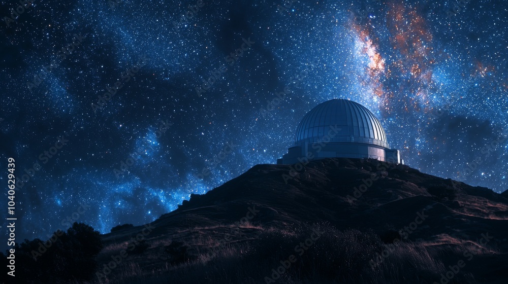 Observatory on a hill, surrounded by a starry sky Observatory on a hill, surrounded by a starry sky