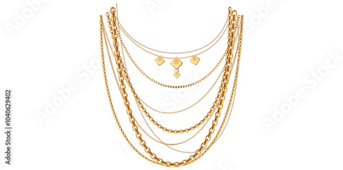 Multilayer Trendy Gold Chains Necklace On White Background, Unique Fine Jewelry Vector Illustration.	
