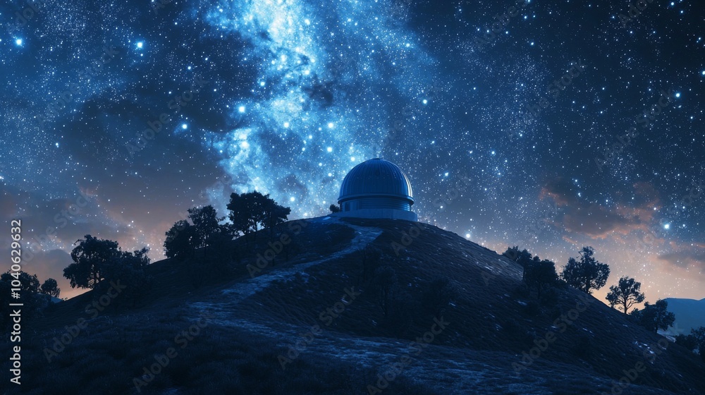 Observatory on a hill, surrounded by a starry sky Observatory on a hill, surrounded by a starry sky