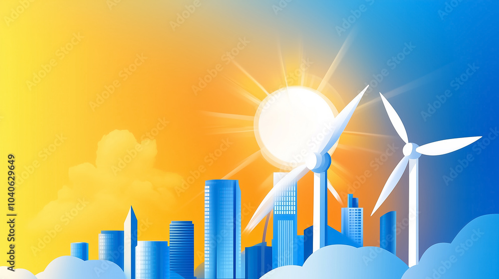 Fototapeta premium A futuristic skyline features tall buildings and wind turbines, emphasizing renewable energy in urban life