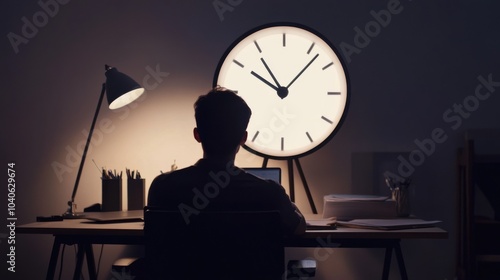 A serene image of a person sitting at a desk with a giant clock face as a desk lamp, representing the constant pressure of time management and productivity in a modern work environment photo