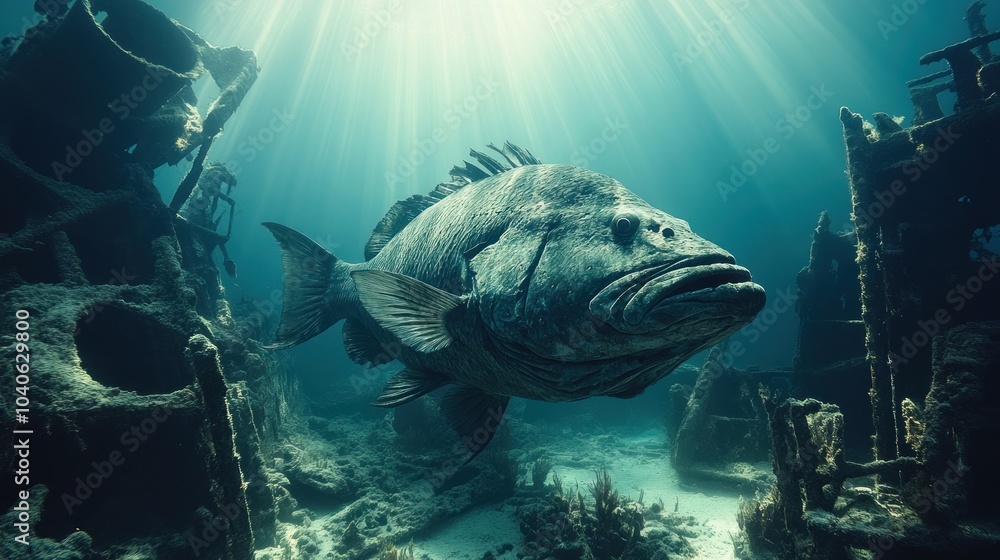Fototapeta premium A large fish swimming among underwater ruins and sunlight.