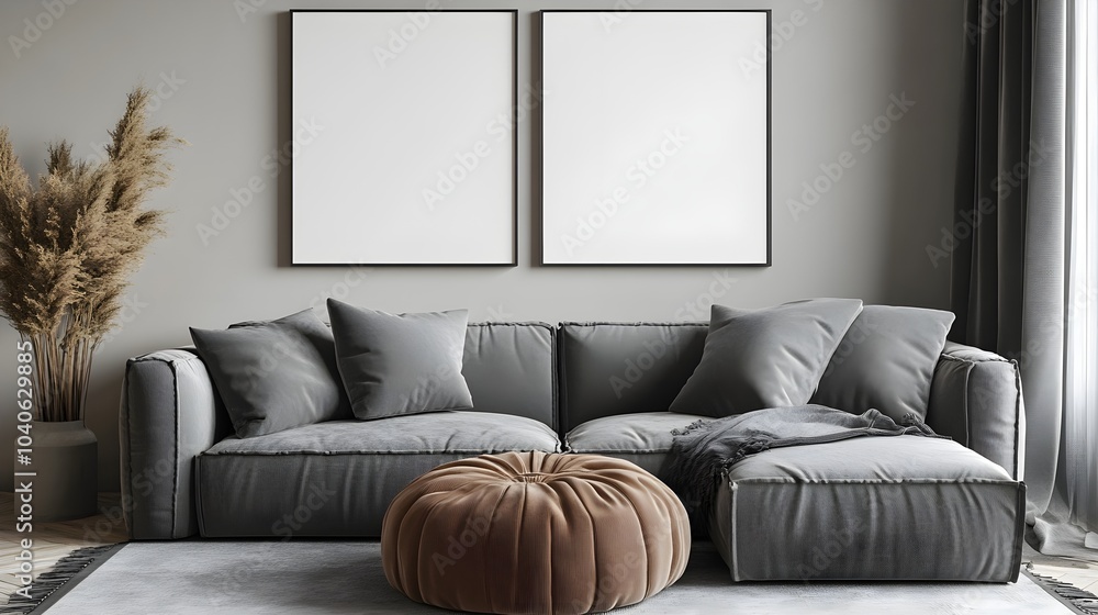 Fototapeta premium Blank white poster mockup in a modern living room with minimalist decor and clean lines. 3d rendering