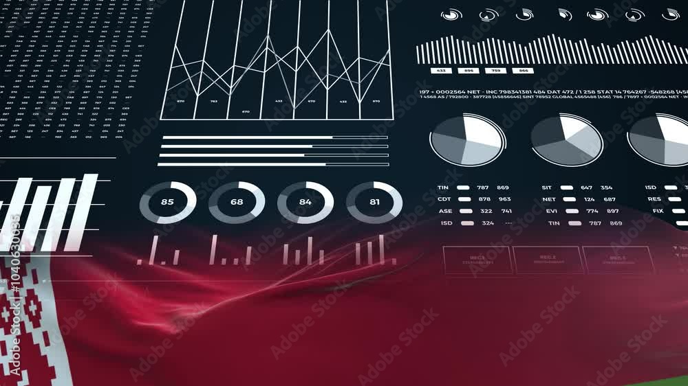 Belarus flag - Waving flag on report analytics data statement Belarus flag - Waving flag on report analytics data statement