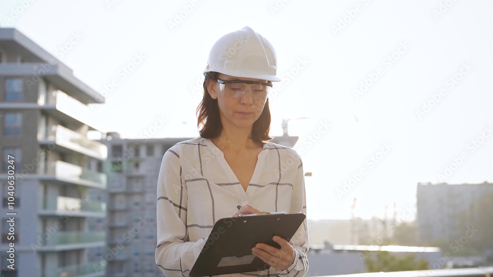 Woman construction engineer wearing white checked blouse and hard hat is making notes on a clipboard while inspecting a building site at sunset, front view. Architecture and engineering concepts Woman construction engineer wearing white checked blouse and hard hat is making notes on a clipboard while inspecting a building site at sunset, front view. Architecture and engineering concepts