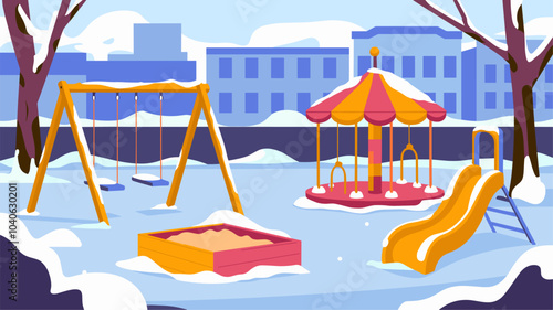 Kid playground in public city park or kindergarten yard covered with snow in winter. Cartoon vector urban snowy landscape with children swing and sandbox, carousel and slide for childhood activity.