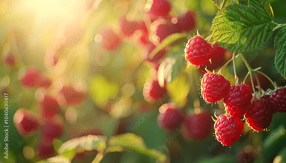 Red raspberry growing on bush outdoors, closeup. Space for text Red raspberry growing on bush outdoors, closeup. Space for text