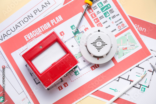 Konstfotografi Modern smoke detector with fire call point and evacuation plans on yellow backgr