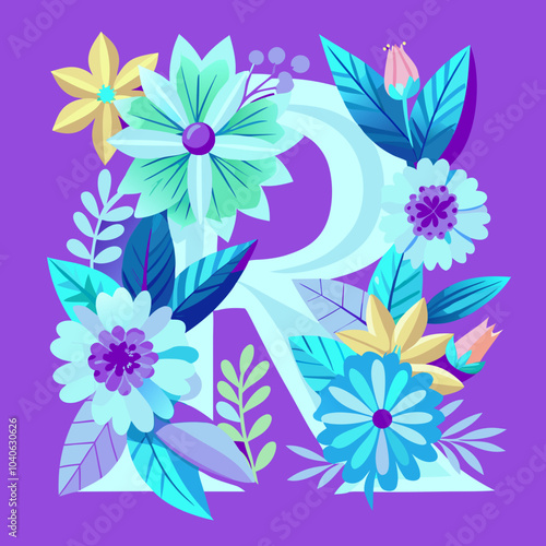 capital letter R decorated with blue yellow and orange flowers on a white background