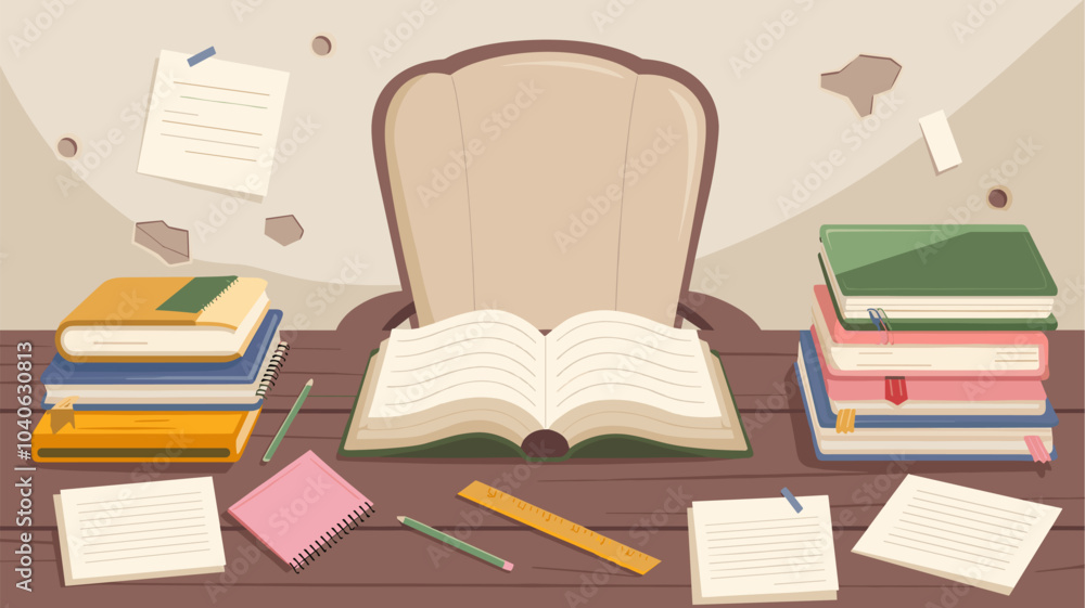 Top view of workplace for studying. Vector cartoon illustration of old wooden desk, papers, sticky notes, rulers, pencils, textbooks and notebooks with blank pages. Education workspace at home Top view of workplace for studying. Vector cartoon illustration of old wooden desk, papers, sticky notes, rulers, pencils, textbooks and notebooks with blank pages. Education workspace at home