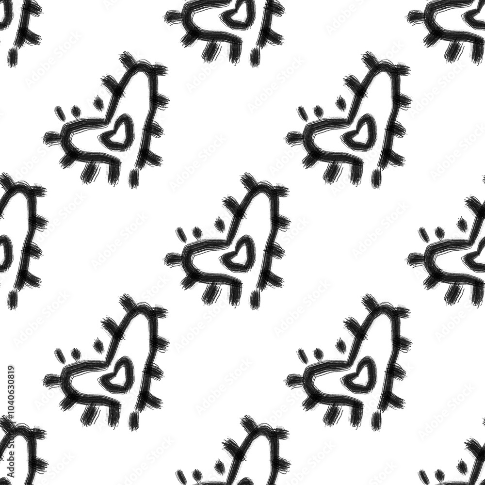 Seamless abstract geometric pattern. Simple background in black,  white colors. Hearts, lines. Digital texture. Illustration. Design for textile fabrics, wrapping paper, background, wallpaper, cover.
